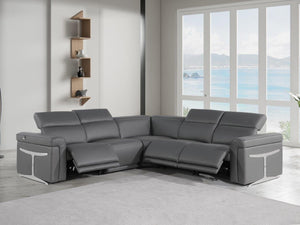 HomeRoots Gray Italian Leather Modular L-Shaped Sectional with Recline, USB Charging & Elegant Design Features Dark Grey 534864