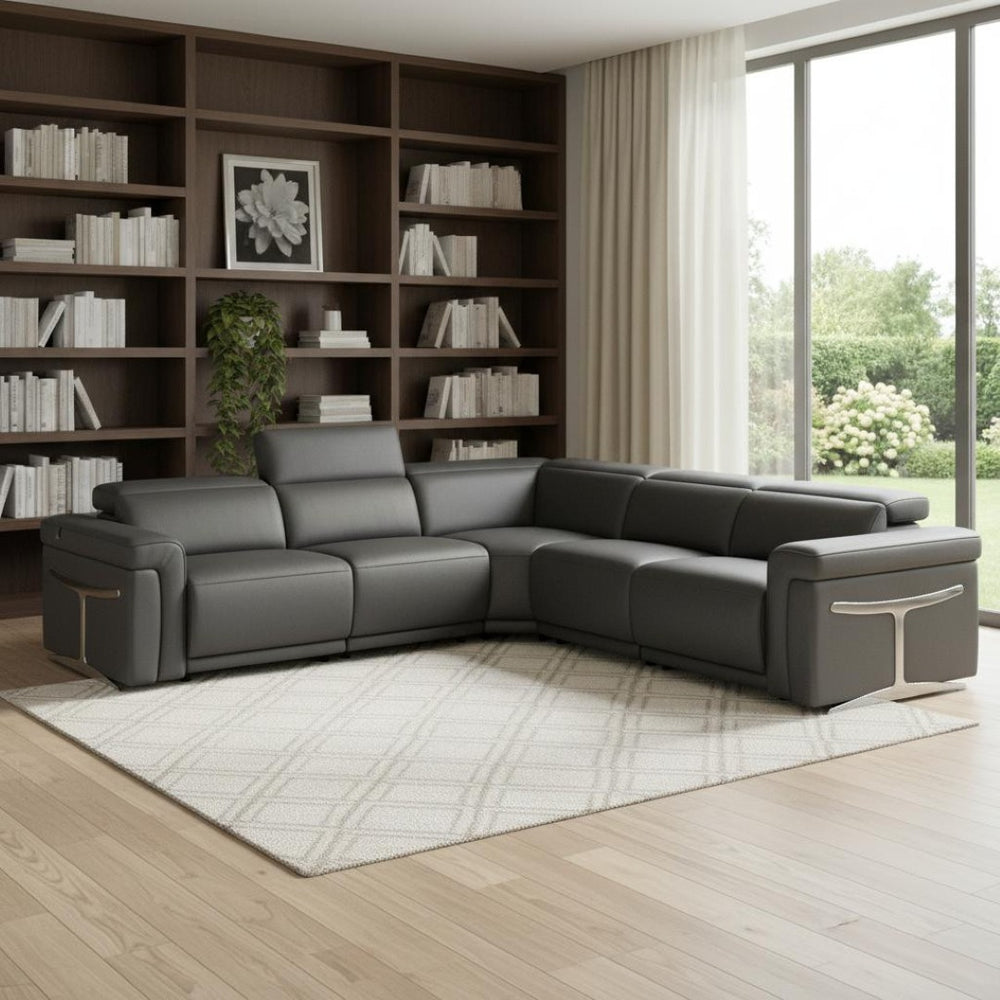 HomeRoots Gray Italian Leather Modular L-Shaped Sectional with Recline, USB Charging & Elegant Design Features Dark Grey 534864