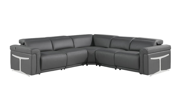 HomeRoots Gray Italian Leather Modular L-Shaped Sectional with Recline, USB Charging & Elegant Design Features Dark Grey 534864