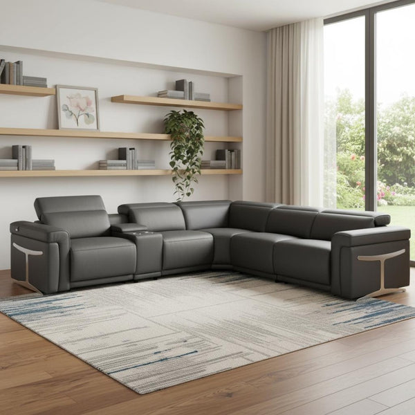 HomeRoots Gray Italian Leather Modular L-Shaped Sectional with Console for Ultimate Comfort and Style Dark Grey 534865