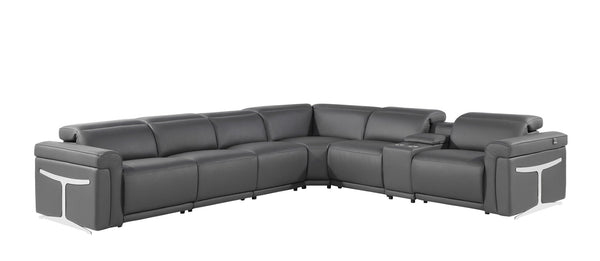 HomeRoots Gray Italian Leather Modular L-Shaped Sectional Sofa with Power Recline & Storage Console Options Dark Grey 534866