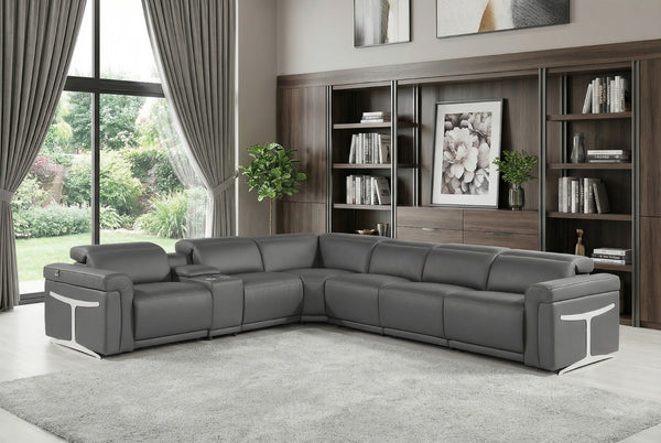 HomeRoots Gray Italian Leather Modular L-Shaped Sectional Sofa with Power Recline & Storage Console Options Dark Grey 534866