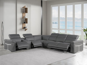 HomeRoots Gray Italian Leather Modular L-Shaped Sectional Sofa with Console for Luxurious Living Spaces Dark Grey 534867
