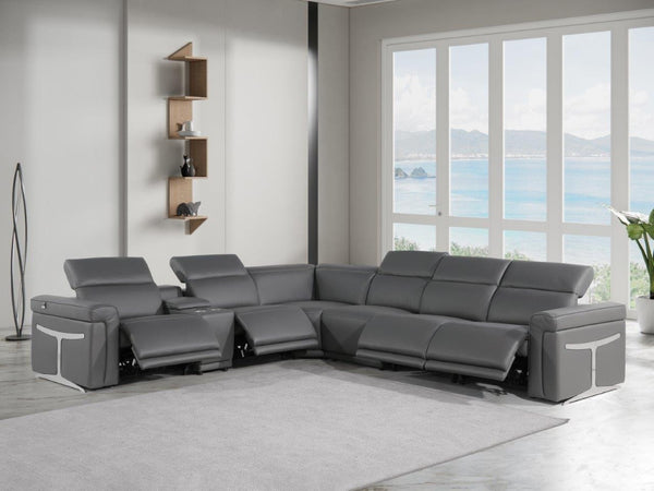 HomeRoots Gray Italian Leather Modular L-Shaped Sectional Sofa with Console for Luxurious Living Spaces Dark Grey 534867