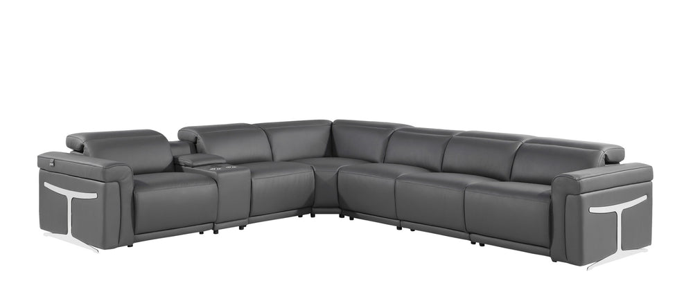 HomeRoots Gray Italian Leather Modular L-Shaped Sectional Sofa with Console for Luxurious Living Spaces Dark Grey 534867