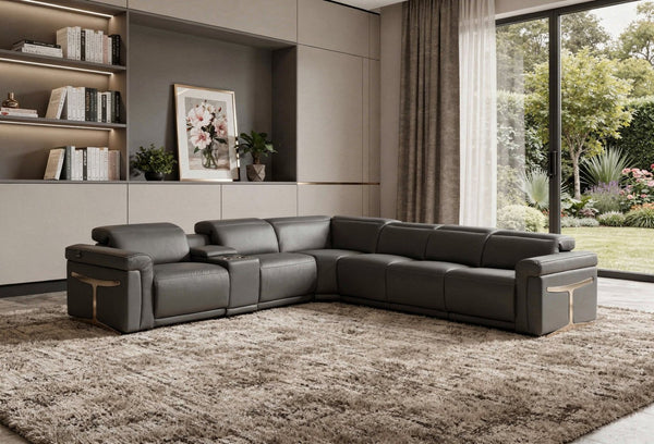 HomeRoots Gray Italian Leather Modular L-Shaped Sectional Sofa with Console for Luxurious Living Spaces Dark Grey 534867
