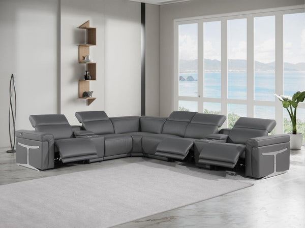 HomeRoots Gray Italian Leather Modular L-Shaped Sectional with Console - Modern Comfort & Elegant Design Dark Grey 534868