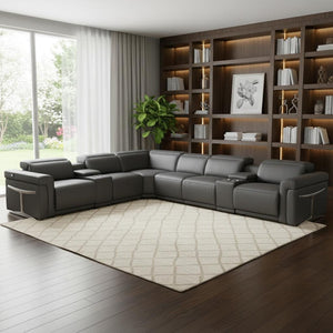 HomeRoots Gray Italian Leather Modular L-Shaped Sectional Sofa with Console for Luxurious Comfort & Style Dark Grey 534869