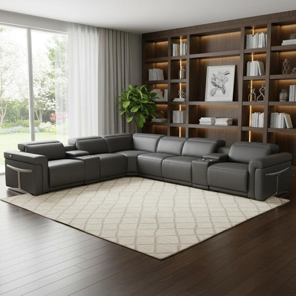 HomeRoots Gray Italian Leather Modular L-Shaped Sectional Sofa with Console for Luxurious Comfort & Style Dark Grey 534869
