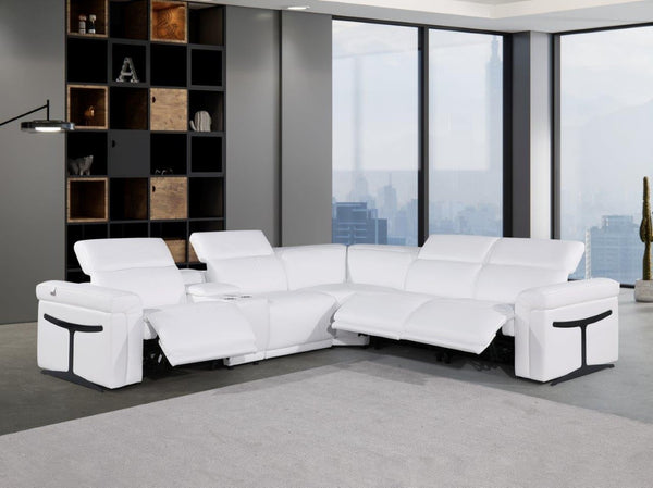 HomeRoots White Italian Leather Modular L-Shaped Sectional with Console - Luxurious Comfort & Style for Your Home White 534877