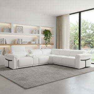 HomeRoots White Italian Leather Modular L-Shaped Sectional with Console - Luxurious Comfort & Style for Your Home White 534877