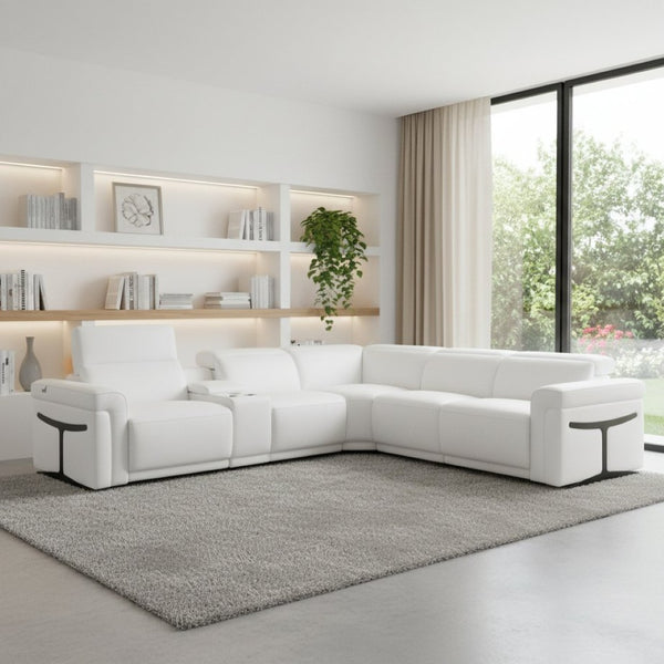 HomeRoots White Italian Leather Modular L-Shaped Sectional with Console - Luxurious Comfort & Style for Your Home White 534877