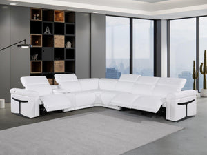 HomeRoots White Italian Leather Modular L-Shaped Sectional with Console, Reclining Seats & USB Chargers White 534878