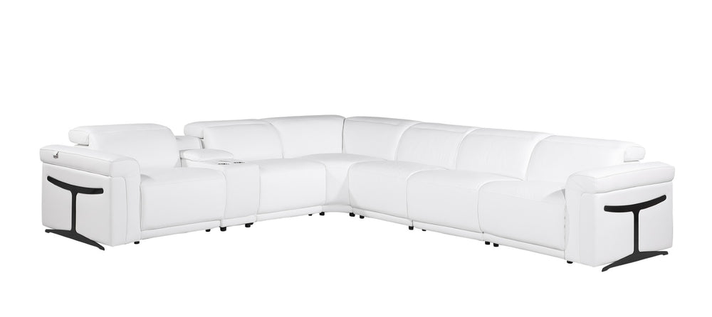 HomeRoots White Italian Leather Modular L-Shaped Sectional with Console, Reclining Seats & USB Chargers White 534878