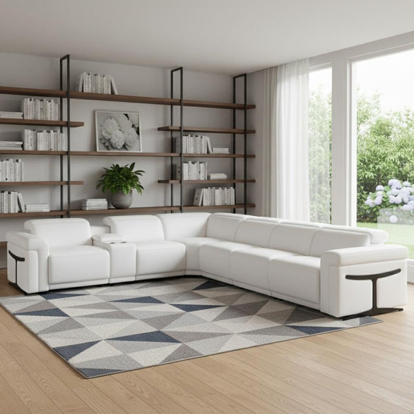 HomeRoots White Italian Leather Modular L-Shaped Sectional with Console, Reclining Seats & USB Chargers White 534878