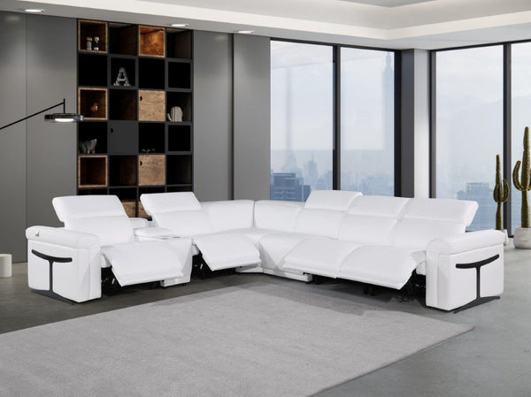HomeRoots White Italian Leather Modular L-Shaped Sectional - Luxurious Comfort with Recliners & Tech Features White 534879