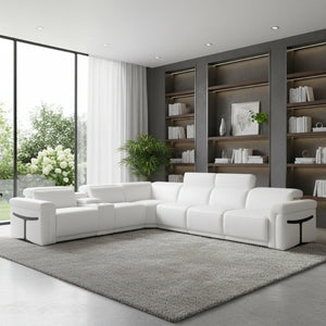HomeRoots White Italian Leather Modular L-Shaped Sectional - Luxurious Comfort with Recliners & Tech Features White 534879