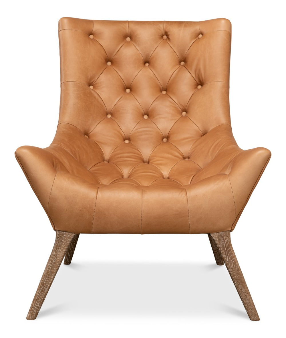 Sarreid Lola Leather Chair - Stunning Light Harness Brown Leather With Elegant Oak & White Wash Finish Brown  53487