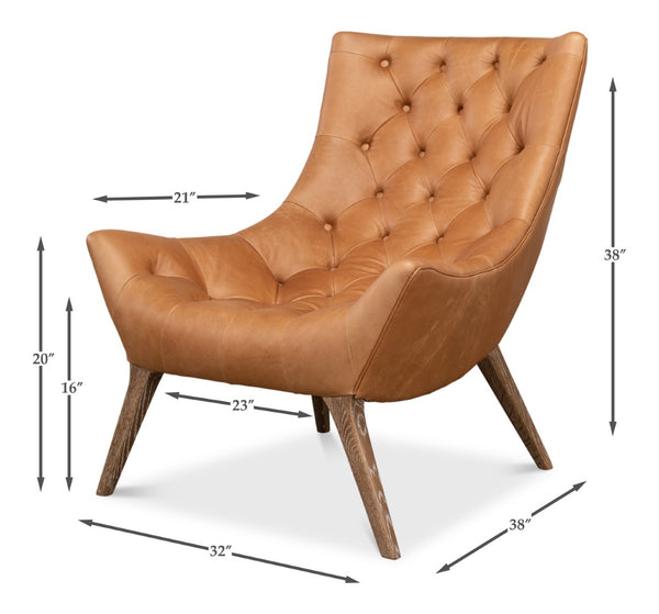 Sarreid Lola Leather Chair - Stunning Light Harness Brown Leather With Elegant Oak & White Wash Finish Brown  53487