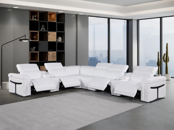 HomeRoots White Italian Leather Modular L-Shaped Sectional Sofa with Console, Power Recline & USB Charging White 534881