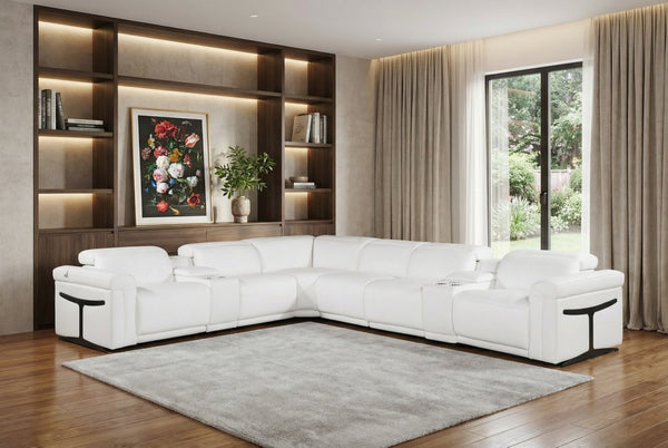HomeRoots White Italian Leather Modular L-Shaped Sectional Sofa with Console, Power Recline & USB Charging White 534881