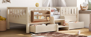 English Elm Twin Kids Storage Bed with Bookshelf Headboard Safety Staircase and Under Drawers Beige W1580P379183