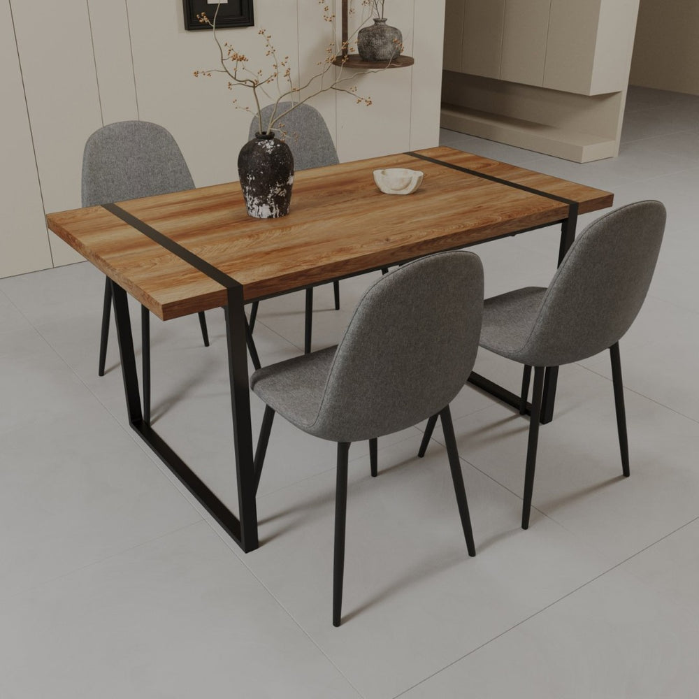 English Elm 59" Industrial Dining Set with Suede Chairs Matte Metal Base Mdf Table Seats Four Brown Grey W2189S00932