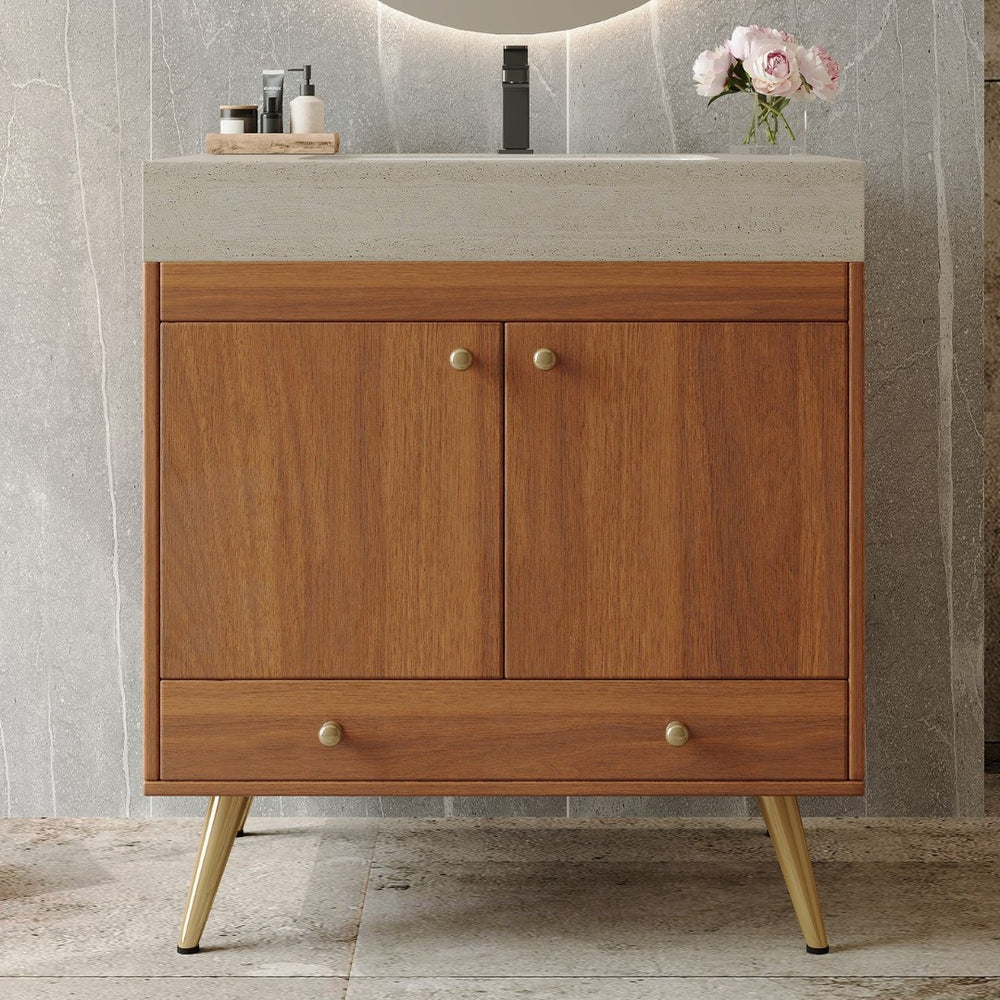 English Elm Mid-century Freestanding Bathroom Vanity with Marble Stone Top and Gold Steel Legs W3136S00065