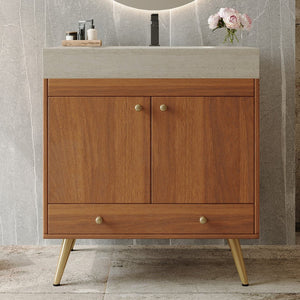 English Elm Mid-century Freestanding Bathroom Vanity with Marble Stone Top and Gold Steel Legs W3136S00065