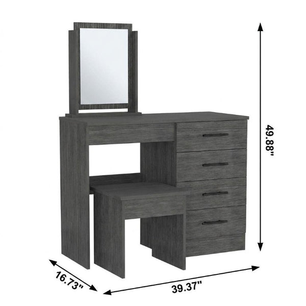 39 Inch Gray Mirrored Bedroom Vanity with Four Drawers Elegant Wood Dressing Table