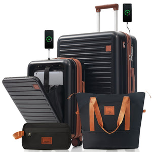 English Elm 4-piece Hard Shell Luggage Set with Usb Ports Tsa Lock and Front Access Carry-on Black+Brown N726P268997A