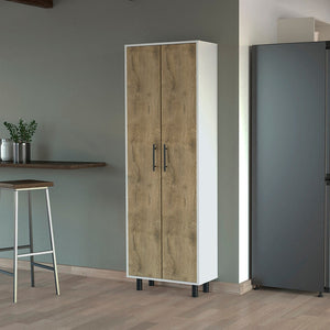 HomeRoots 71" Elegant White and Light Brown Tall Accent Cabinet with Adjustable Shelves for Versatile Storage 534999