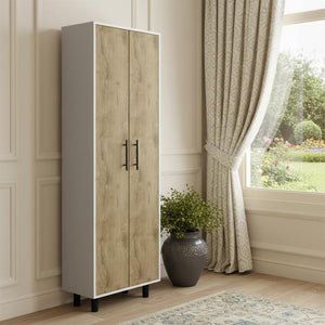 HomeRoots 71" Elegant White and Light Brown Tall Accent Cabinet with Adjustable Shelves for Versatile Storage 534999