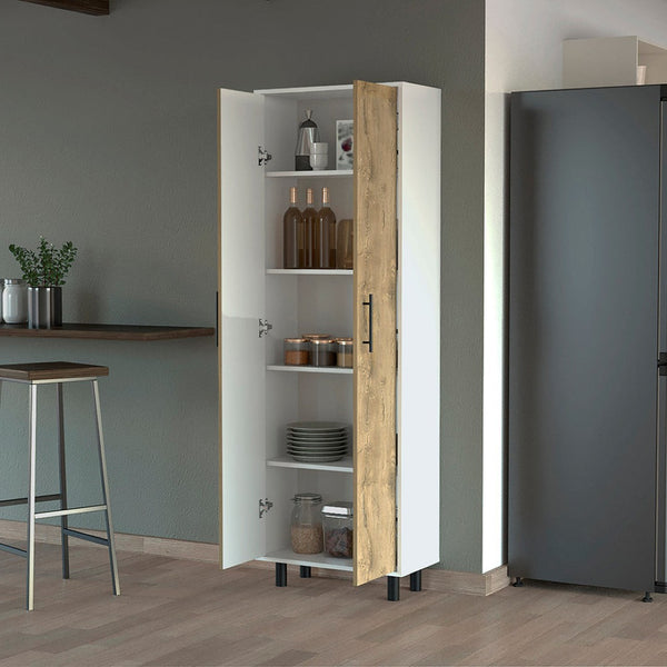 HomeRoots 71" Elegant White and Light Brown Tall Accent Cabinet with Adjustable Shelves for Versatile Storage 534999
