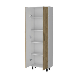 HomeRoots 71" Elegant White and Light Brown Tall Accent Cabinet with Adjustable Shelves for Versatile Storage 534999