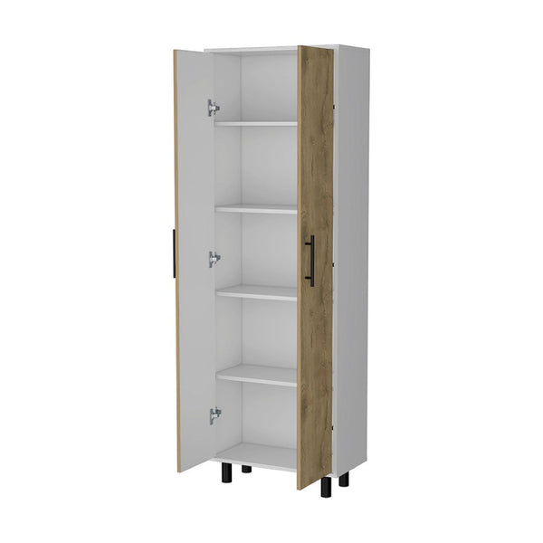 HomeRoots 71" Elegant White and Light Brown Tall Accent Cabinet with Adjustable Shelves for Versatile Storage 534999