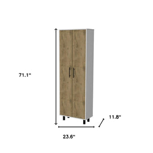 HomeRoots 71" Elegant White and Light Brown Tall Accent Cabinet with Adjustable Shelves for Versatile Storage 534999