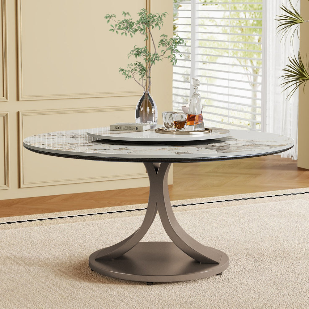 English Elm 59" Round Dining Table With 360° Lazy Susan - Durable Sintered Stone Top, Heat & Scratch Resistant! W2699S00053