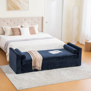 English Elm 88.58" Wide Chenille Upholstered Bench with Curved Armrests and Bolster Pillows for Bedroom Navy W3189S00029