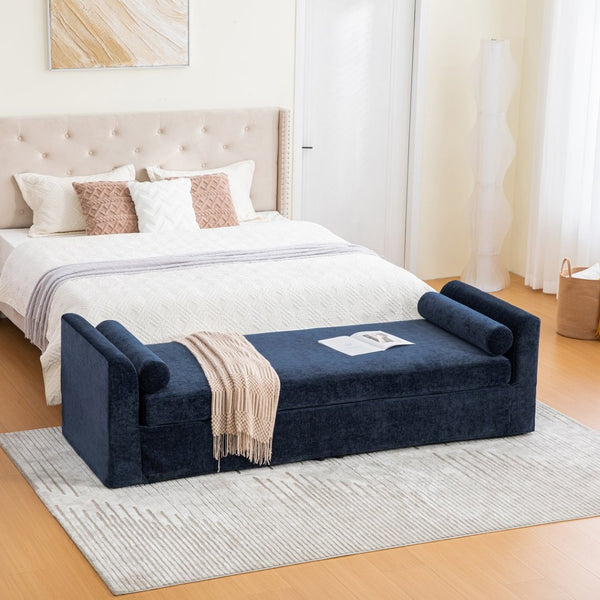 English Elm 88.58" Wide Chenille Upholstered Bench with Curved Armrests and Bolster Pillows for Bedroom Navy W3189S00029
