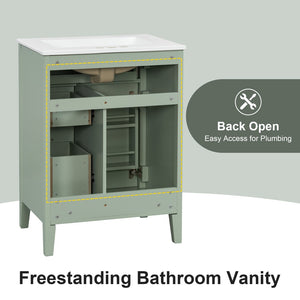 English Elm "24'' 24 Inch Glossy Freestanding Bathroom Vanity with Gold Hardware and Soft Close Storage Green Rubberwood N725P448529F