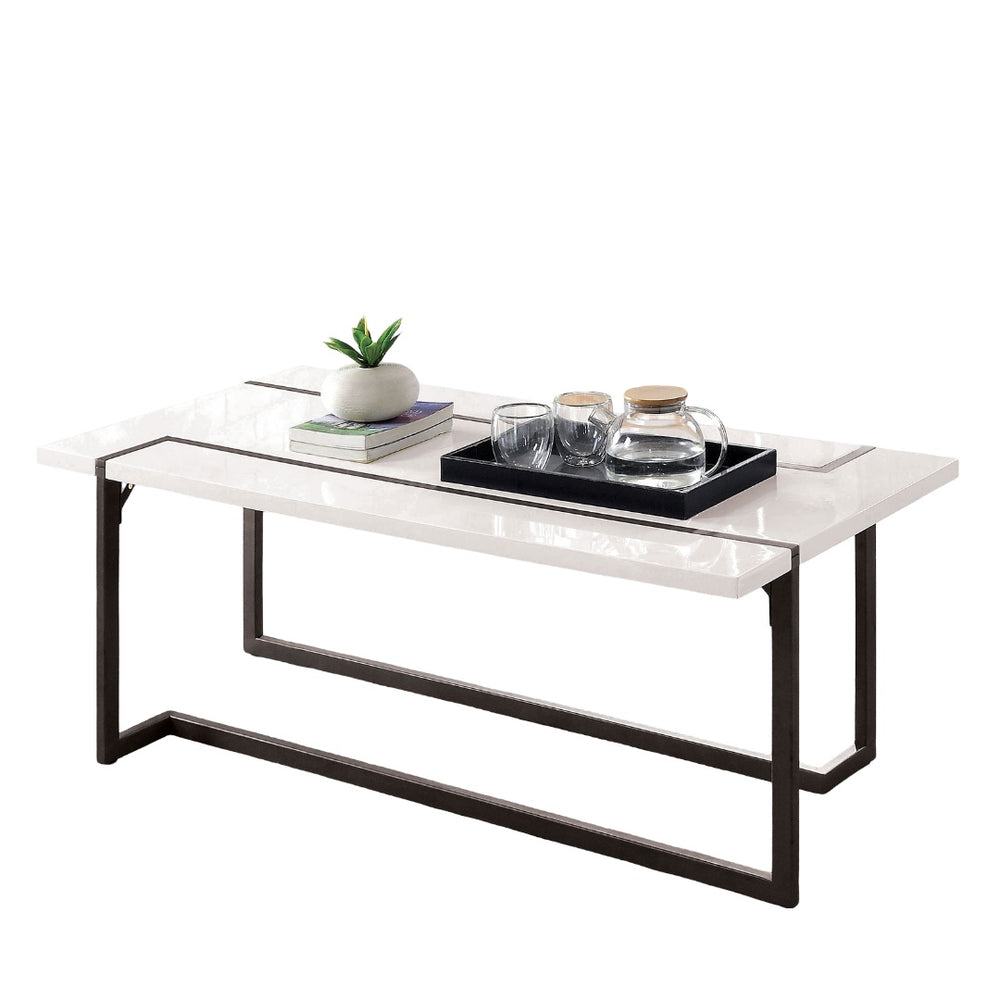 English Elm Modern Contemporary Sofa Table with High Gloss Lacquer Top and Sleek Metal Frame for Entryway Decor Gunmetal,White 51 L x 28 W x 4 H B2741S00474