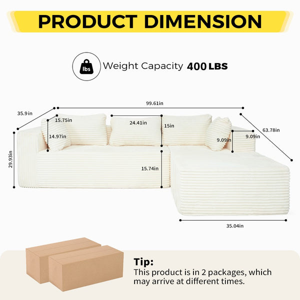 English Elm 100" Corduroy L-shaped Sectional Deep Seat Modular Couch for Living Room Lounging T5880S00009