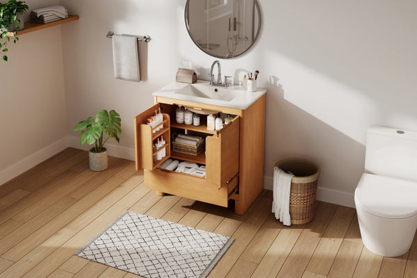 English Elm [video] 30 Inch Freestanding Bathroom Vanity Pine Legs Ceramic Sink Soft Close Storage Oak N759P412928O