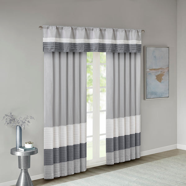 JLA Home Madison Park - Polyoni Pintuck Valance with Lined Color‑Block Stripes for Soft Light Diffusion and Tailored Texture Grey MP41-4377