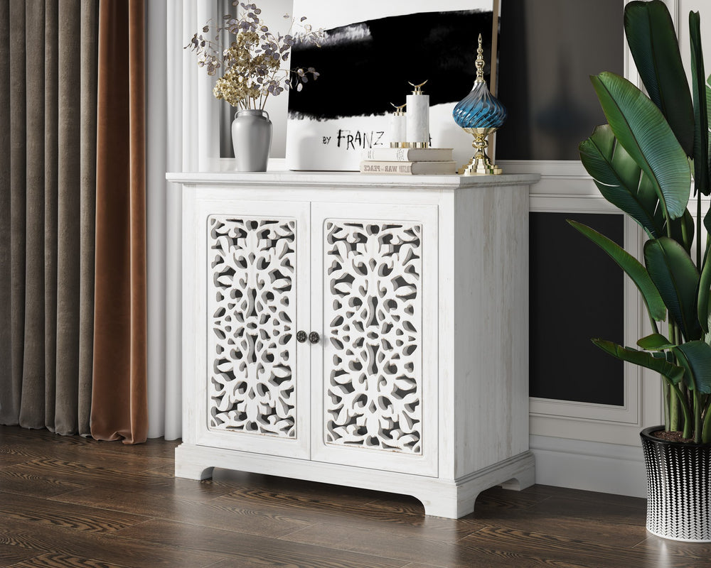 English Elm Antique Sideboard Storage Cabinet - Vintage Buffet Server With Hollow-Carved Doors For Any Room W3123P278013