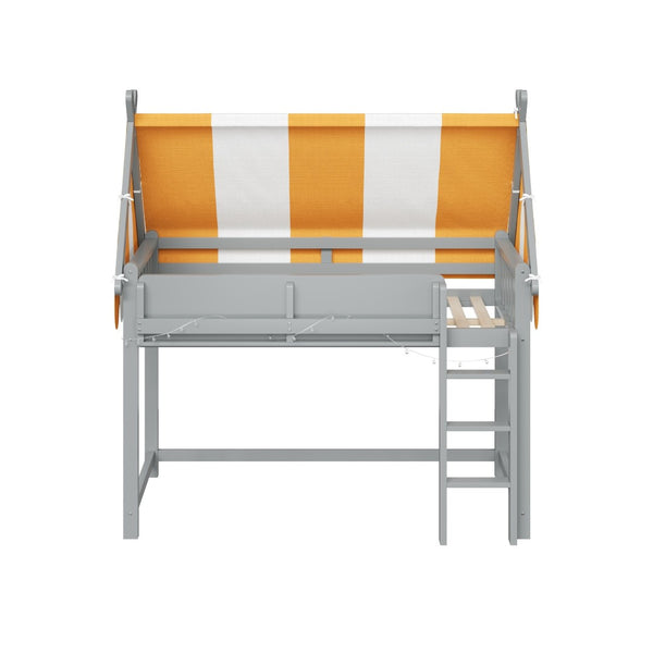 English Elm Full Size Solid Wood Loft Bed with Canopy Led Lighting and Integrated Bookshelf Gray N7090002242E