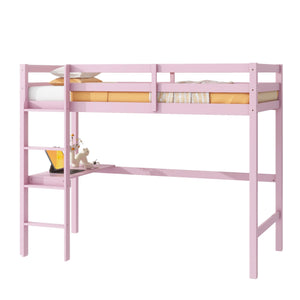 English Elm Twin High Loft Bed with Built-In Desk and Ladder — Space-Saving Rubberwood Study & Sleep Solution Pink W504P206981