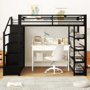 English Elm Full Full Size Metal Loft Bed with Storage Staircase, Shelves, Wardrobe & Guard Rail, Black 70" GX000664AAB