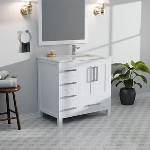 English Elm White 36 in. Bath Vanity with Carrara Marble Right-Offset Top, Soft-Close Drawers & Chrome Faucet Set B2731P259018